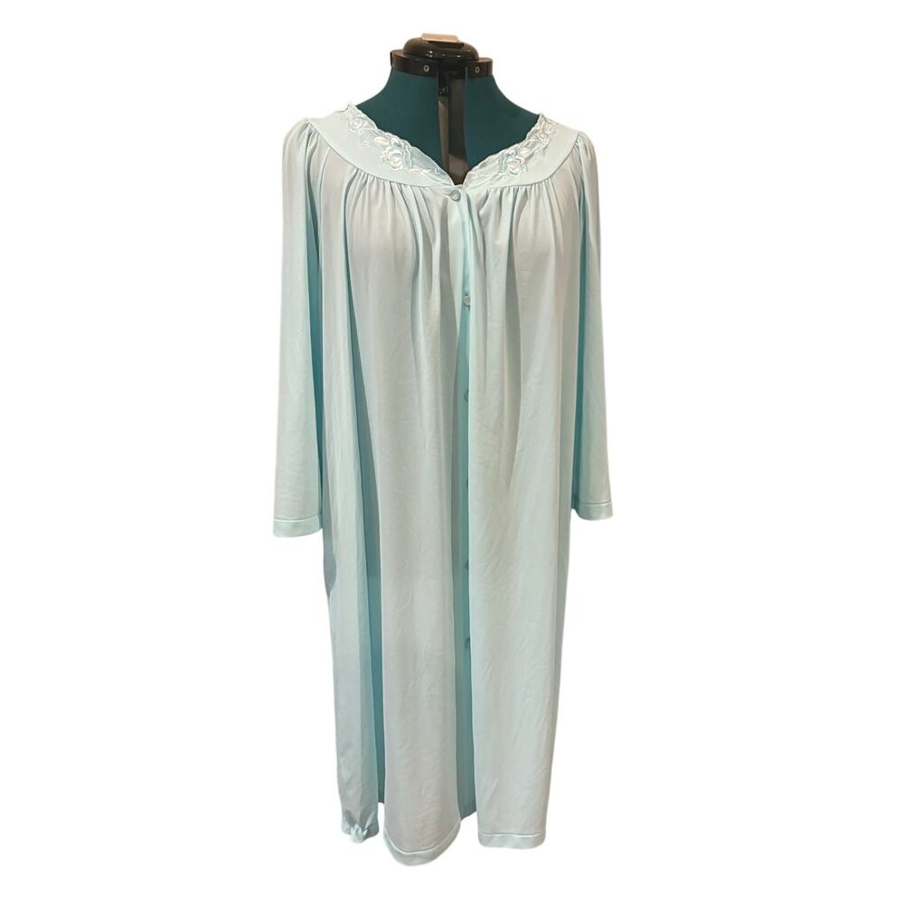 Miss Elaine Blue Embroidered Long Sleeve Button Front‎ Robe Nightgown 1X EUC